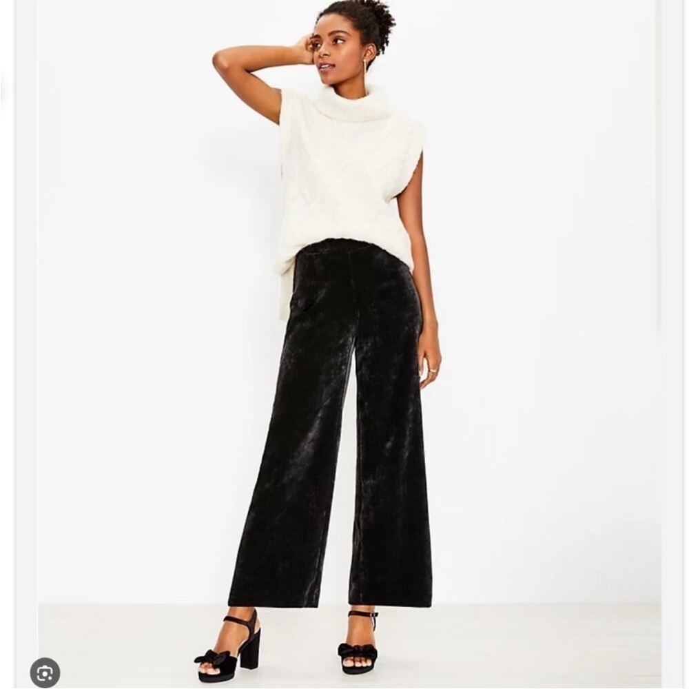 LOFT Ribbed Velour Pull On Wide Leg Pants Black Stretch Soft Minimalist Medium